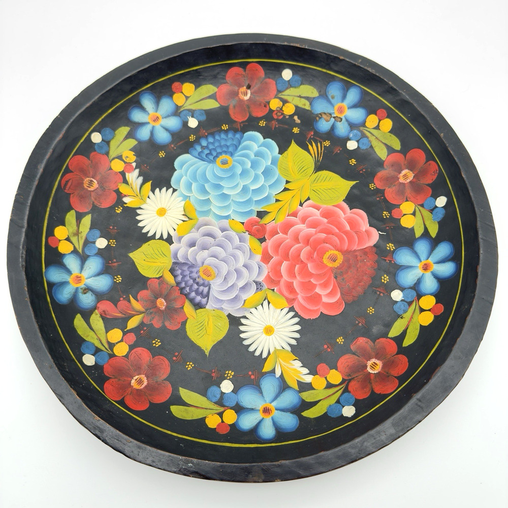 Vintage Hand Carved Painted Wooden Tray Bowl Batea Mexico Folk Art Pre-1970